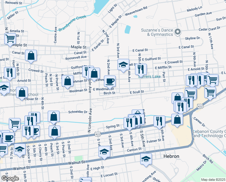 map of restaurants, bars, coffee shops, grocery stores, and more near 220 East Weidman Street in Lebanon