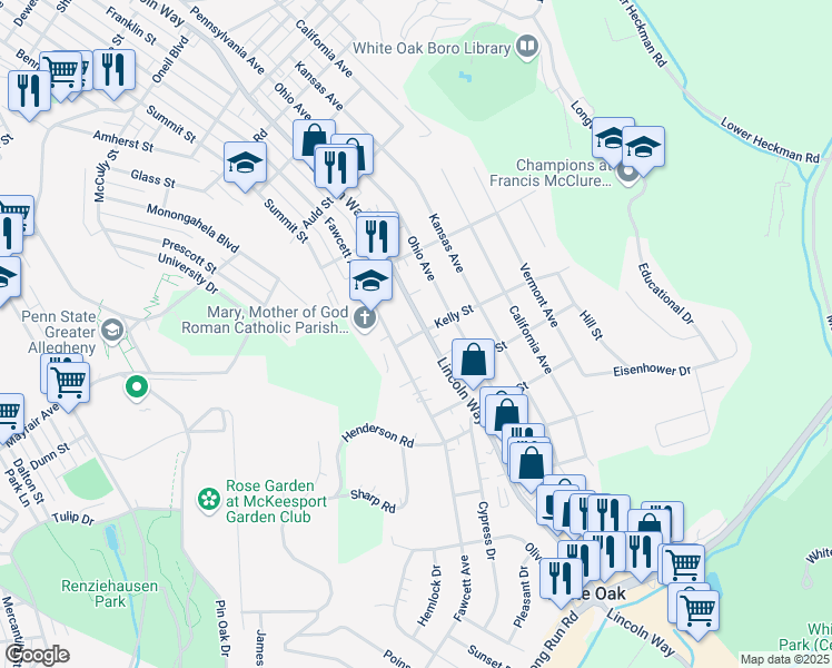 map of restaurants, bars, coffee shops, grocery stores, and more near 2711 Kelly Street in McKeesport