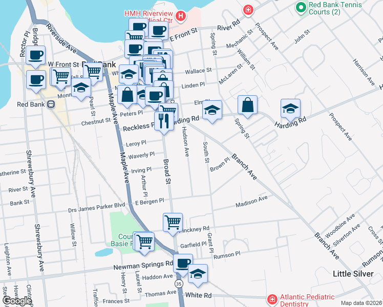 map of restaurants, bars, coffee shops, grocery stores, and more near 115 Hudson Avenue in Red Bank