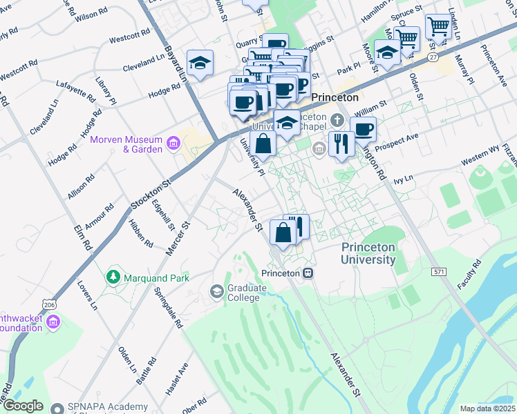 map of restaurants, bars, coffee shops, grocery stores, and more near 44 Alexander Street in Princeton