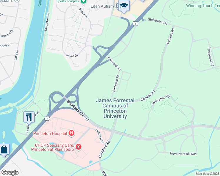 map of restaurants, bars, coffee shops, grocery stores, and more near 300 Forrestal Road in Princeton