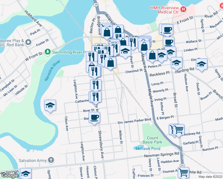 map of restaurants, bars, coffee shops, grocery stores, and more near 4 Catherine Street in Red Bank