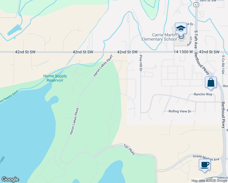 map of restaurants, bars, coffee shops, grocery stores, and more near 4599 Pine Hill Drive in Loveland