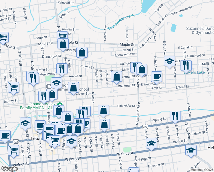 map of restaurants, bars, coffee shops, grocery stores, and more near 360 North Prune Street in Lebanon