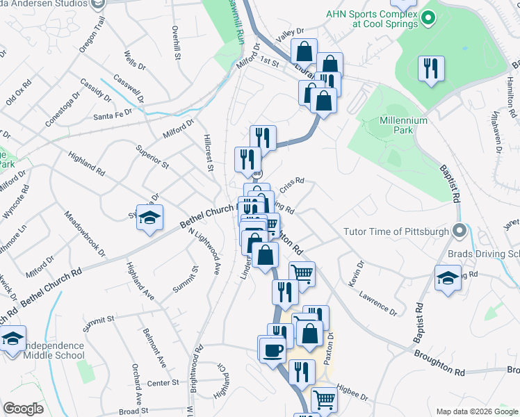 map of restaurants, bars, coffee shops, grocery stores, and more near 98 Horning Road in Bethel Park