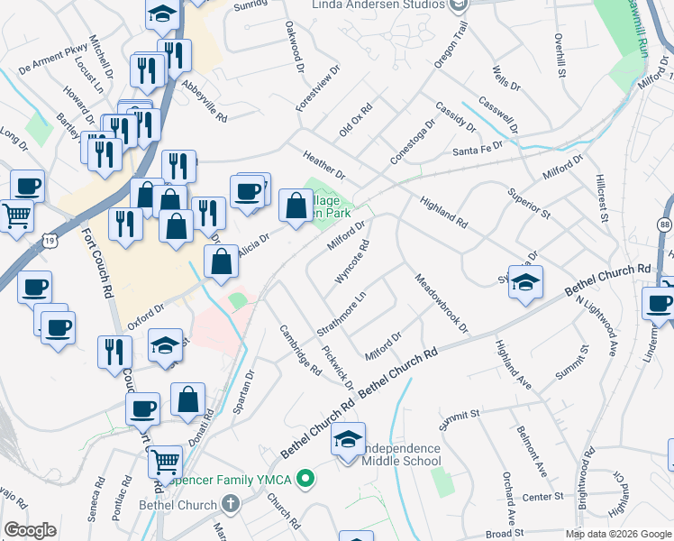map of restaurants, bars, coffee shops, grocery stores, and more near 2631 Milford Drive in Bethel Park