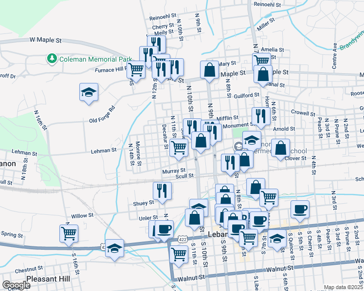 map of restaurants, bars, coffee shops, grocery stores, and more near 1030 Lehman Street in Lebanon