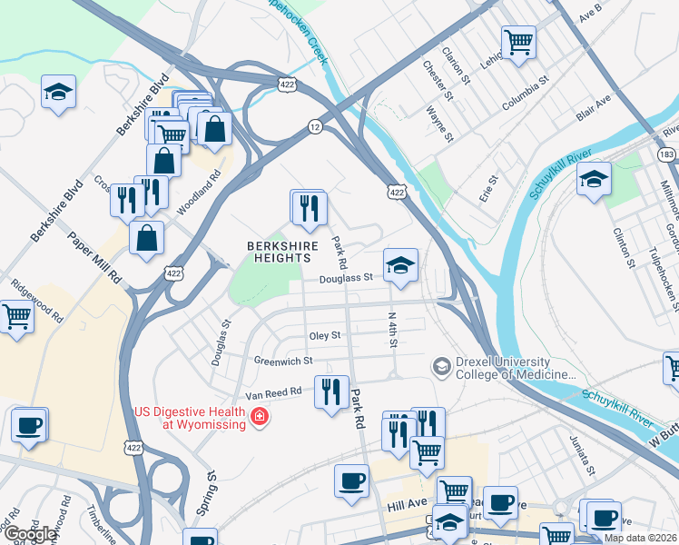 map of restaurants, bars, coffee shops, grocery stores, and more near 808 N Park Rd in Wyomissing