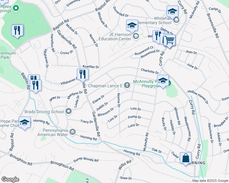 map of restaurants, bars, coffee shops, grocery stores, and more near 605 Elaine Drive in Pittsburgh