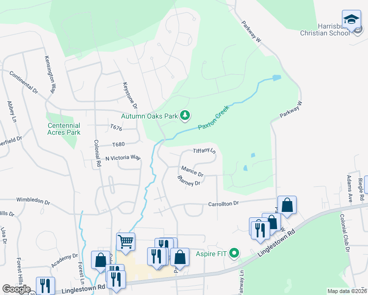 map of restaurants, bars, coffee shops, grocery stores, and more near 2550 Tiffany Ln in Harrisburg