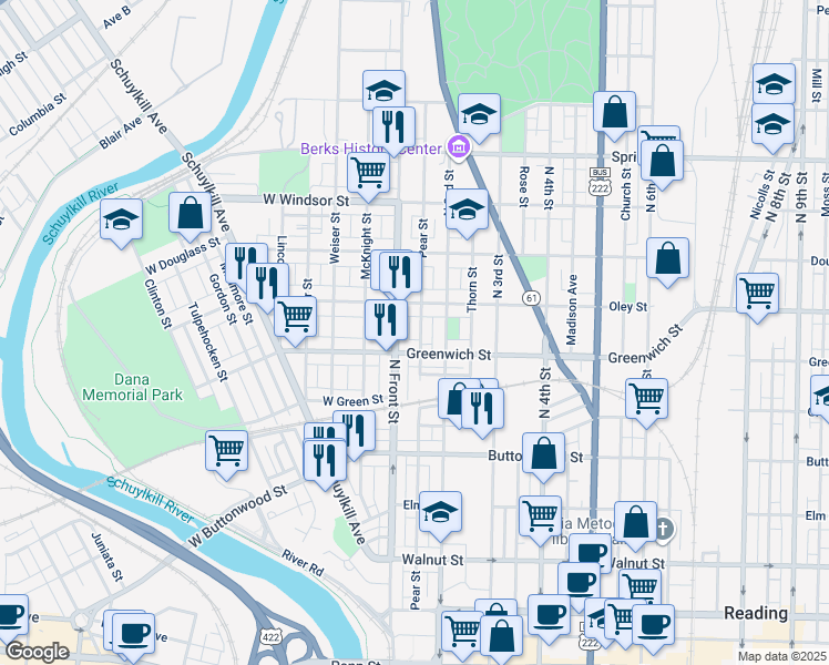map of restaurants, bars, coffee shops, grocery stores, and more near 642 Pear Street in Reading