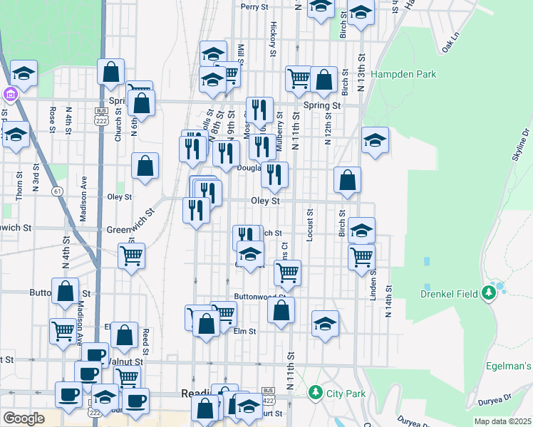 map of restaurants, bars, coffee shops, grocery stores, and more near 635 North 10th Street in Reading