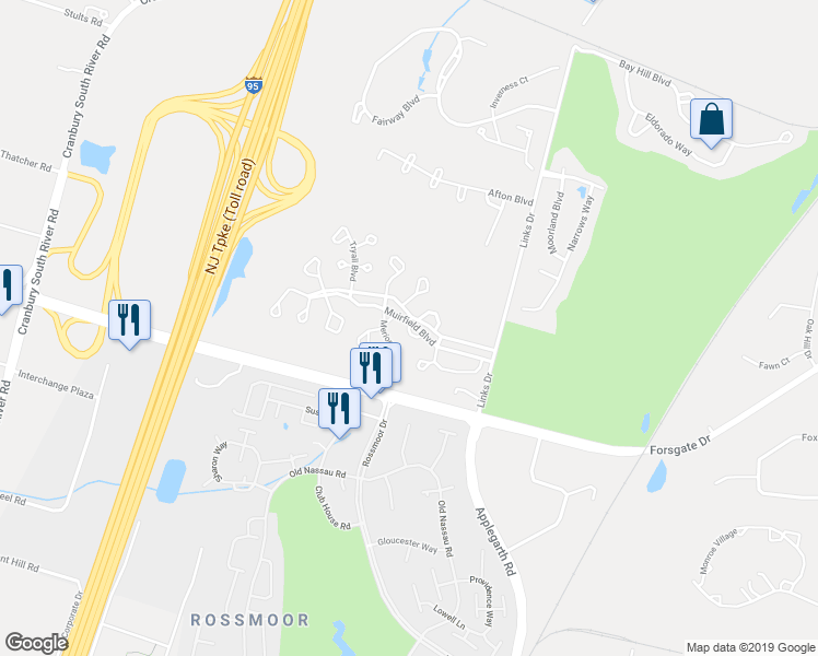 map of restaurants, bars, coffee shops, grocery stores, and more near Jumping Brook Court in Monroe Township