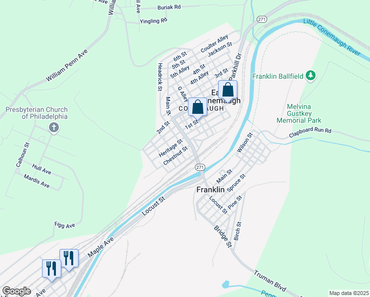 map of restaurants, bars, coffee shops, grocery stores, and more near 418 Chestnut St in Johnstown