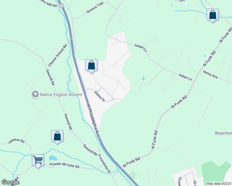 map of restaurants, bars, coffee shops, grocery stores, and more near 2 Queen Anne Drive in Boyertown