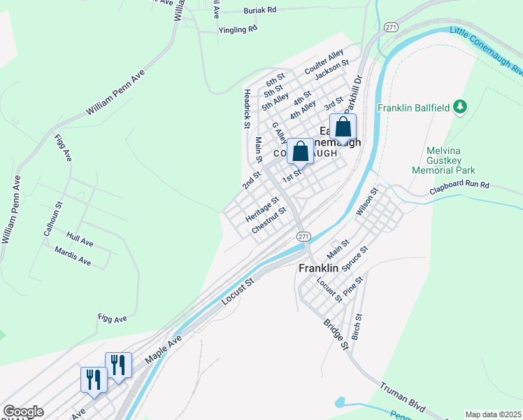 map of restaurants, bars, coffee shops, grocery stores, and more near 50 Mellon Street in Johnstown