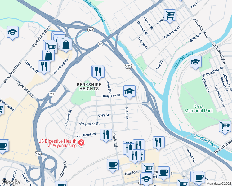 map of restaurants, bars, coffee shops, grocery stores, and more near 427 Douglass Street in Wyomissing