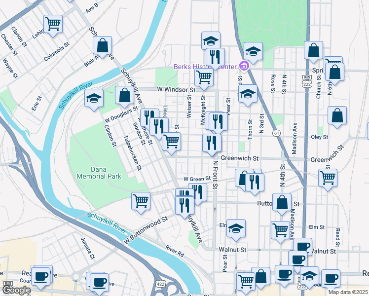 map of restaurants, bars, coffee shops, grocery stores, and more near 629 Weiser Street in Reading