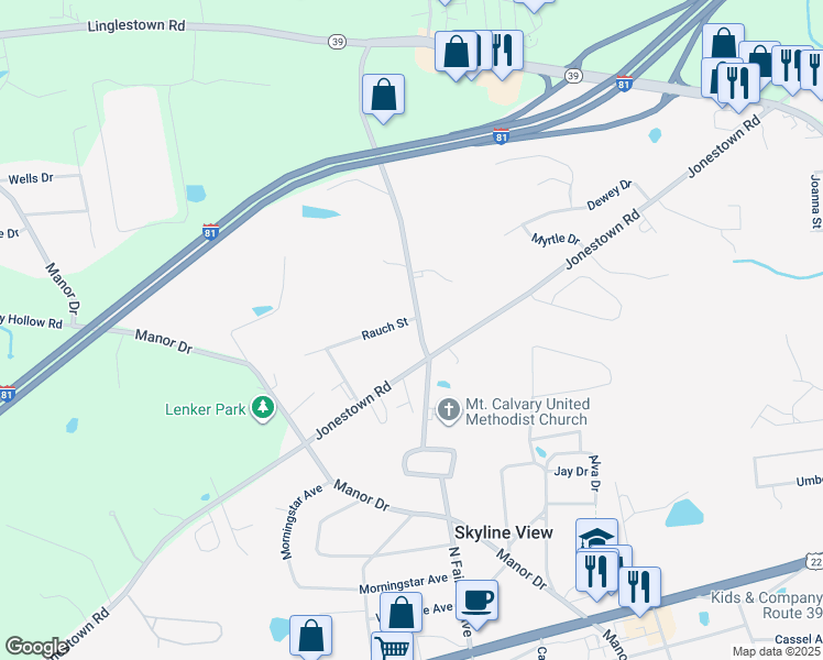 map of restaurants, bars, coffee shops, grocery stores, and more near 7665 Rauch Street in Harrisburg
