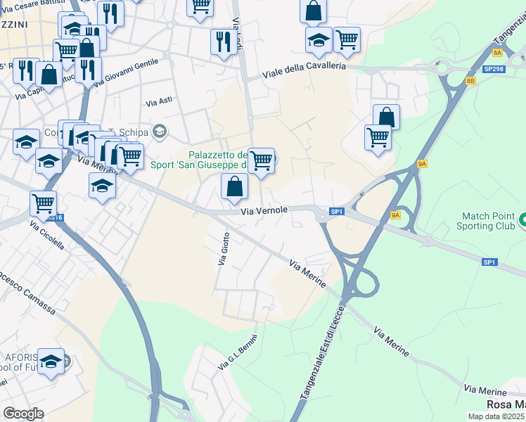 map of restaurants, bars, coffee shops, grocery stores, and more near Via Vernole in Lecce