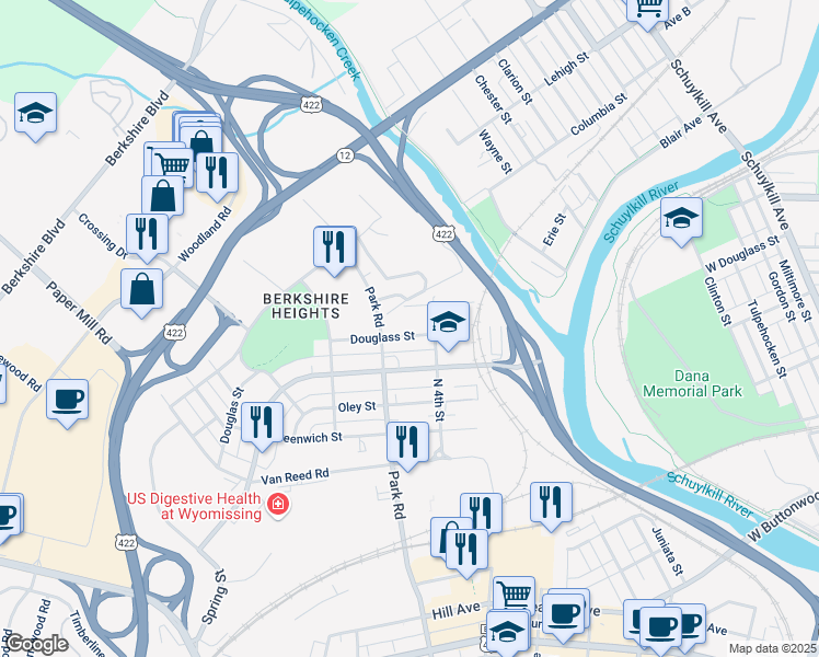 map of restaurants, bars, coffee shops, grocery stores, and more near 427 Douglass Street in Wyomissing