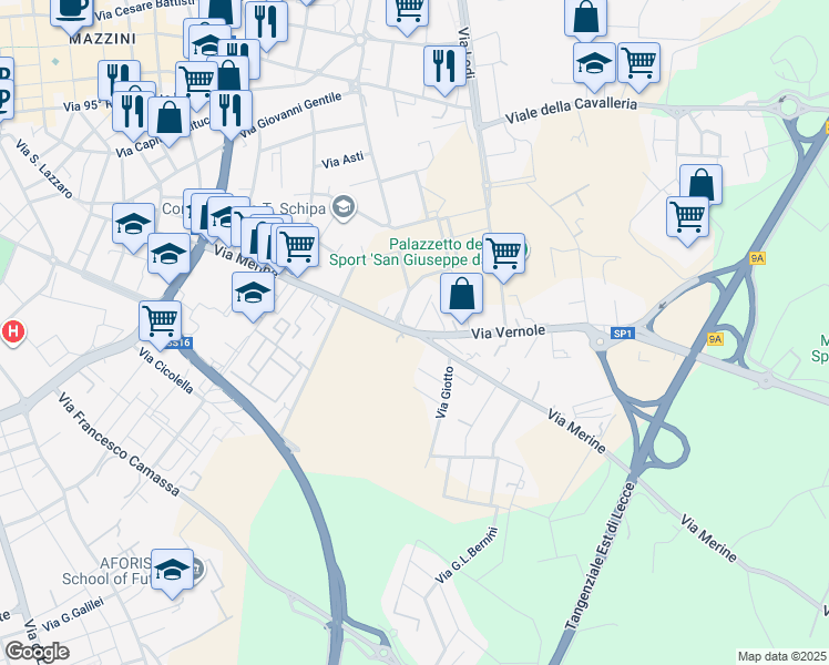map of restaurants, bars, coffee shops, grocery stores, and more near Via Vernole in Lecce