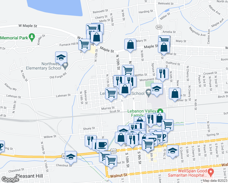 map of restaurants, bars, coffee shops, grocery stores, and more near 1026 Lehman Street in Lebanon