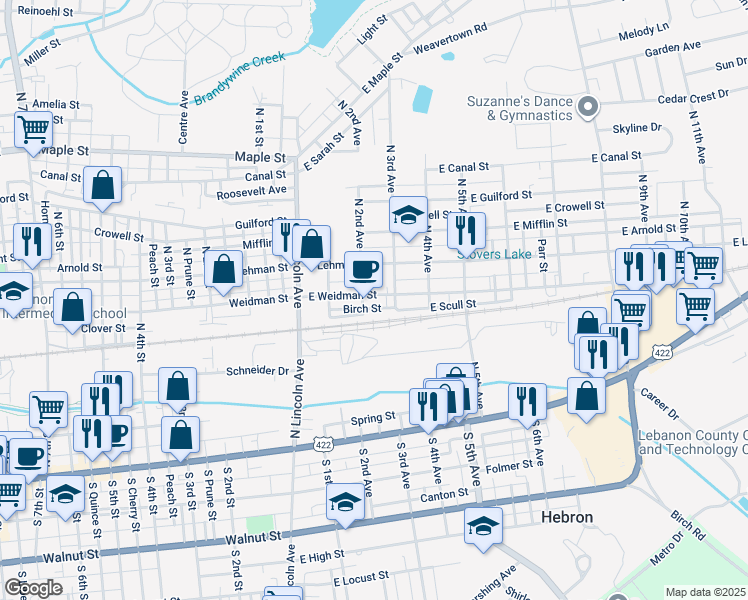 map of restaurants, bars, coffee shops, grocery stores, and more near 220 East Weidman Street in Lebanon