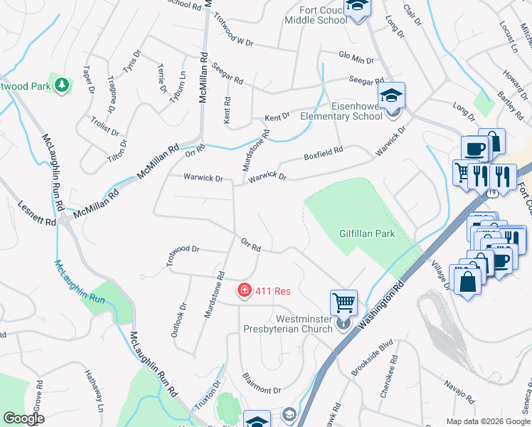map of restaurants, bars, coffee shops, grocery stores, and more near 1905 Highgate Road in Pittsburgh