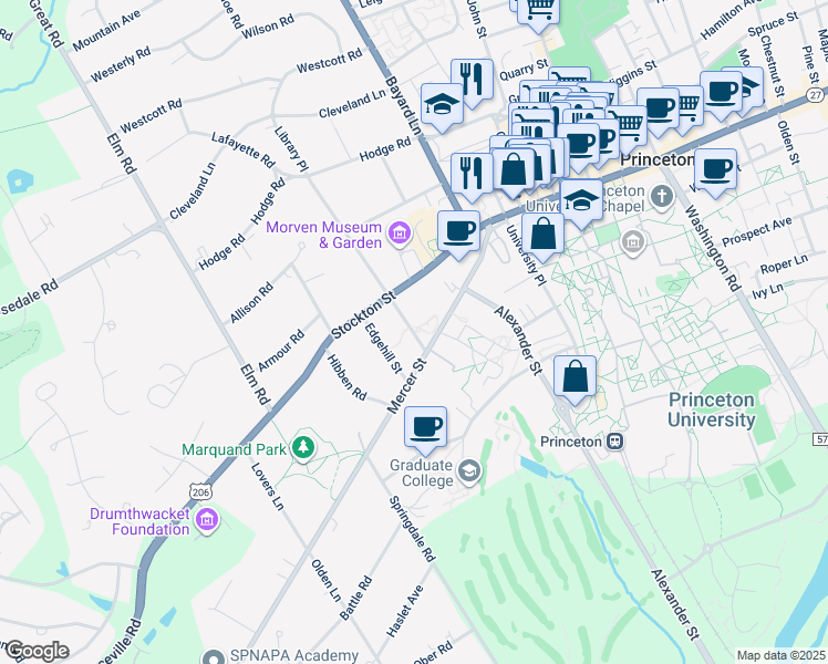 map of restaurants, bars, coffee shops, grocery stores, and more near 25 Library Place in Princeton