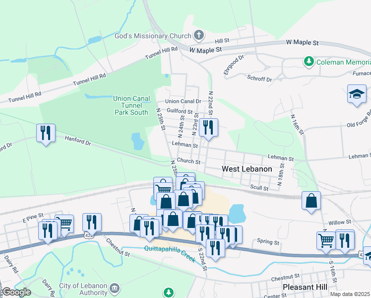 map of restaurants, bars, coffee shops, grocery stores, and more near 2316 Lehman St in Lebanon