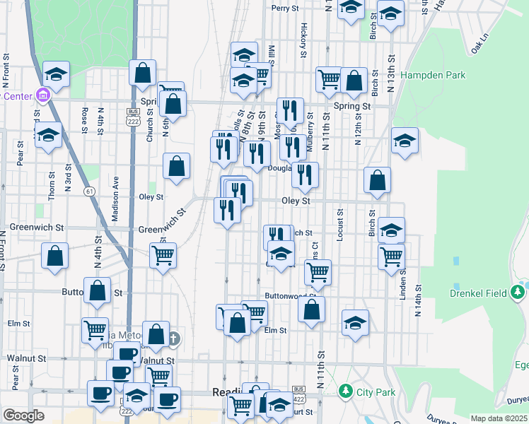 map of restaurants, bars, coffee shops, grocery stores, and more near 649 North 9th Street in Reading