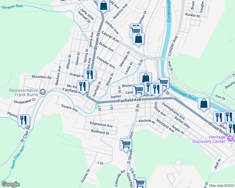 map of restaurants, bars, coffee shops, grocery stores, and more near 129 I Street in Johnstown