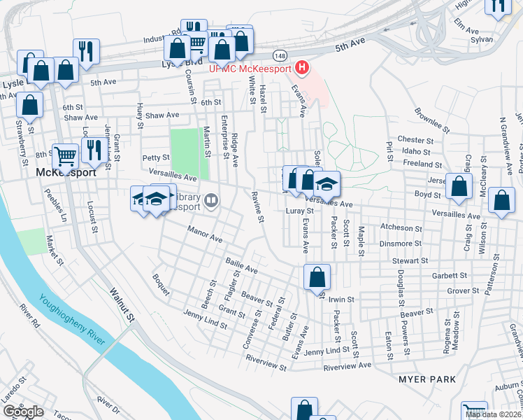 map of restaurants, bars, coffee shops, grocery stores, and more near 1222 Ravine Street in McKeesport