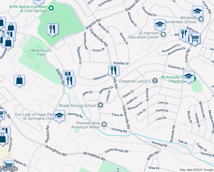 map of restaurants, bars, coffee shops, grocery stores, and more near 5616 Marilynn Drive in Pittsburgh
