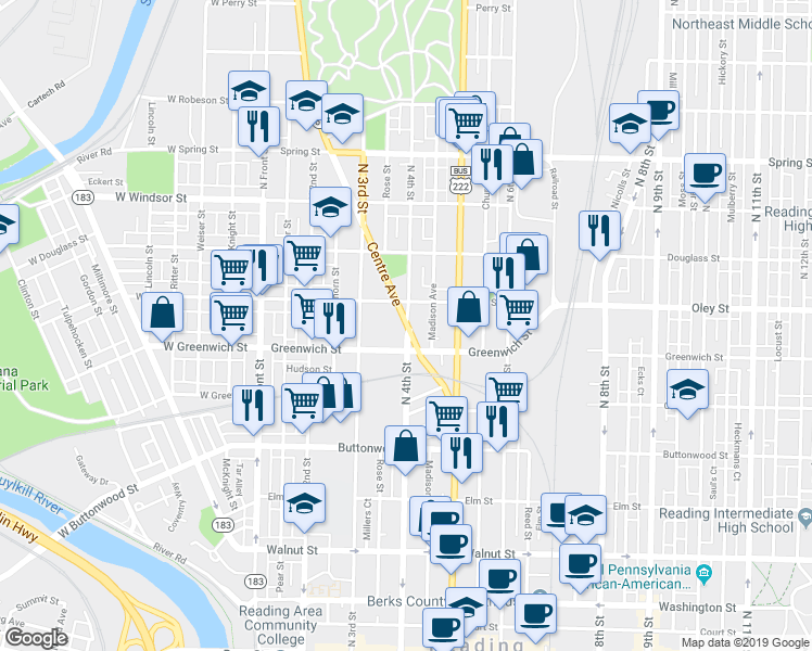 map of restaurants, bars, coffee shops, grocery stores, and more near 632 Centre Avenue in Reading