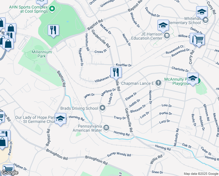 map of restaurants, bars, coffee shops, grocery stores, and more near 5616 Marilynn Drive in Pittsburgh