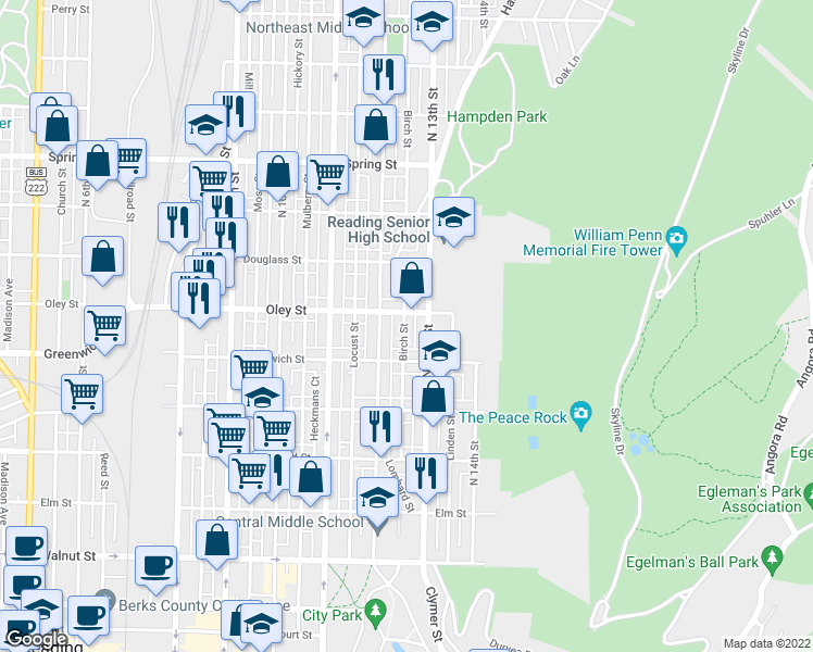 map of restaurants, bars, coffee shops, grocery stores, and more near 641 Birch Street in Reading