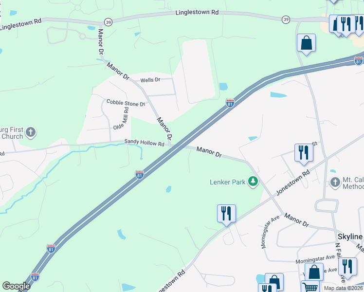 map of restaurants, bars, coffee shops, grocery stores, and more near 7312 Sandy Hollow Road in Harrisburg