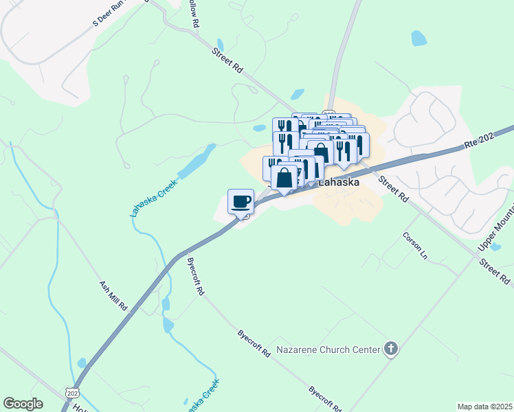 map of restaurants, bars, coffee shops, grocery stores, and more near 5685 York Road in New Hope
