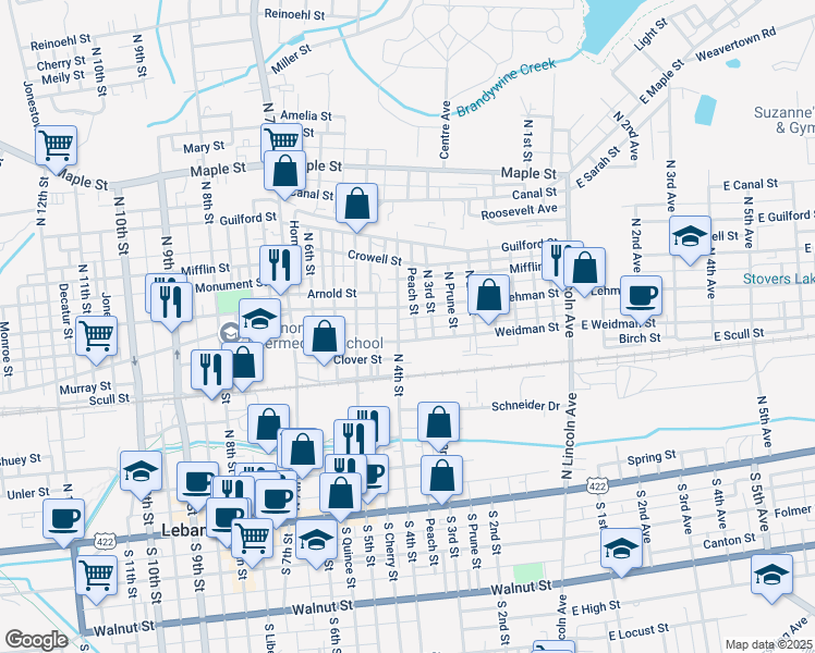 map of restaurants, bars, coffee shops, grocery stores, and more near 358 North 4th Street in Lebanon