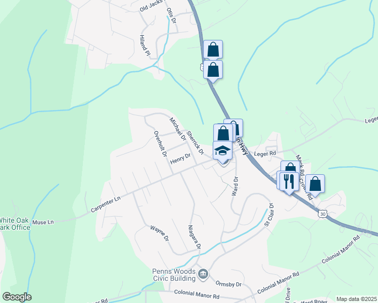 map of restaurants, bars, coffee shops, grocery stores, and more near 255 Hannah Drive in Irwin