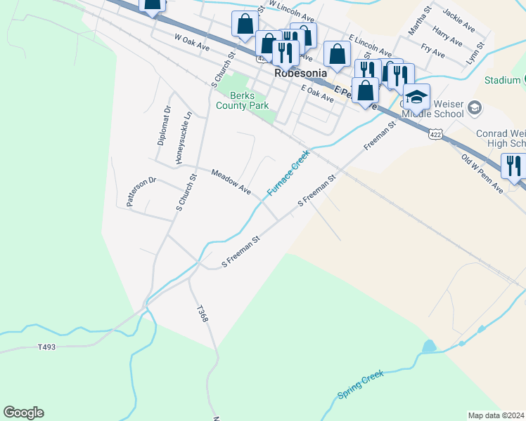 map of restaurants, bars, coffee shops, grocery stores, and more near 52 East Meadow Avenue in Robesonia