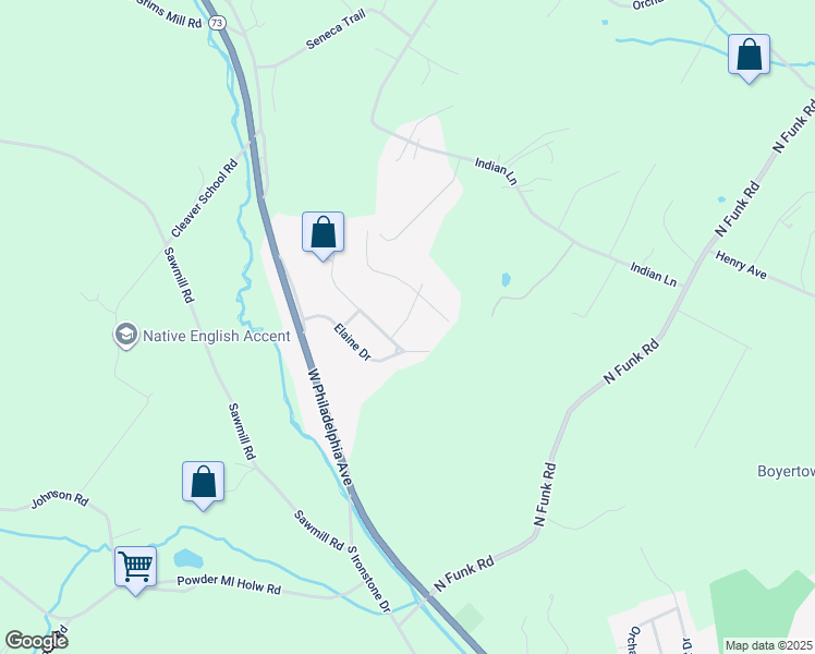 map of restaurants, bars, coffee shops, grocery stores, and more near 2 Queen Anne Drive in Boyertown