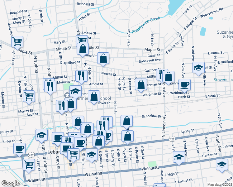 map of restaurants, bars, coffee shops, grocery stores, and more near 358 North 4th Street in Lebanon