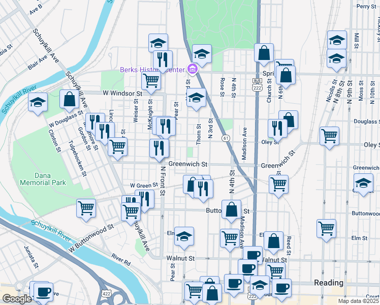 map of restaurants, bars, coffee shops, grocery stores, and more near 613 North 2nd Street in Reading