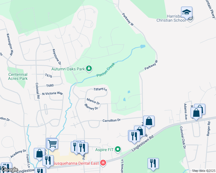 map of restaurants, bars, coffee shops, grocery stores, and more near 2568 Tiffany Ln in Harrisburg