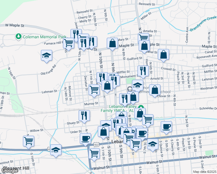 map of restaurants, bars, coffee shops, grocery stores, and more near 924 Lehman Street in Lebanon