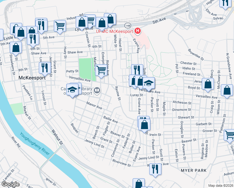 map of restaurants, bars, coffee shops, grocery stores, and more near 1222 Ravine Street in McKeesport
