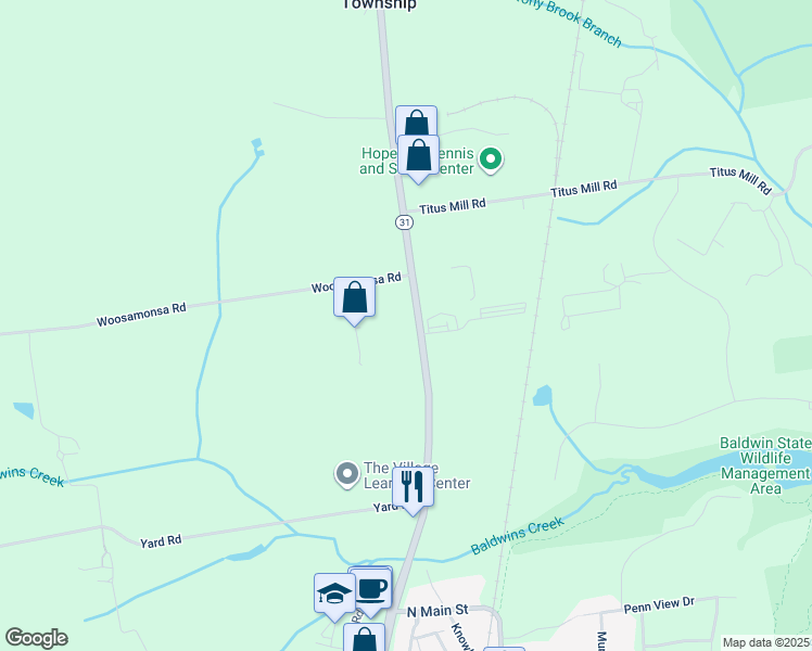 map of restaurants, bars, coffee shops, grocery stores, and more near 82 New Jersey 31 in Pennington
